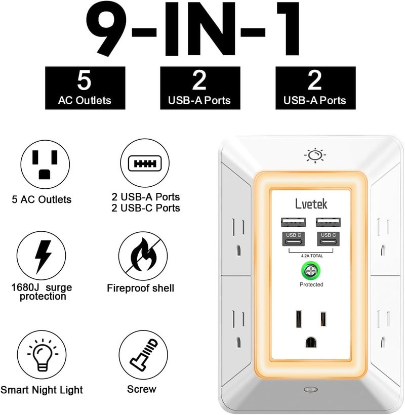Lvetek حماية من زيادة التيار مع مقبس متعدد - شريط طاقة ثلاثي الجوانب مع 5 مآخذ و 4 منافذ USB (2 USB-C) وضوء ليلي، شاحن حائط USB للمنزل، المكتب، السفر، مدرج من ETL، أبيض - Image 2